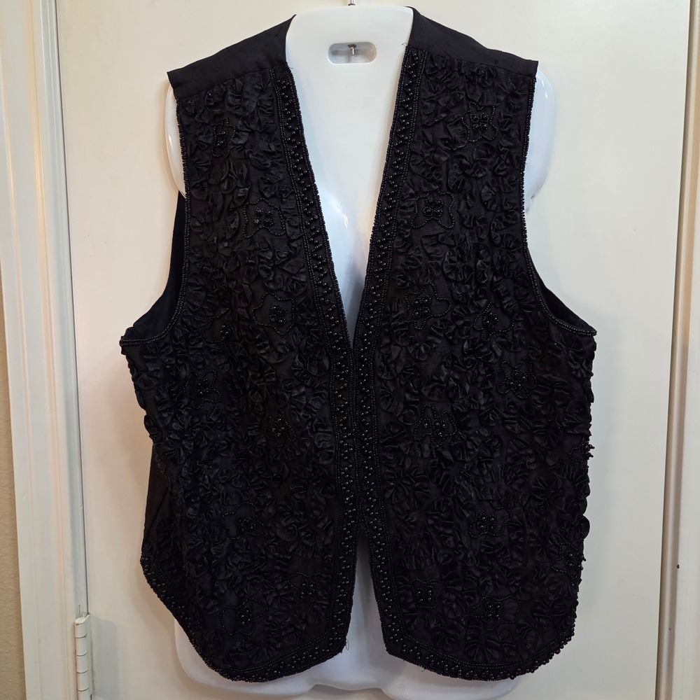 Rafaella Black Silk Beaded Ribbon Rosette Open Front Vest Medium
